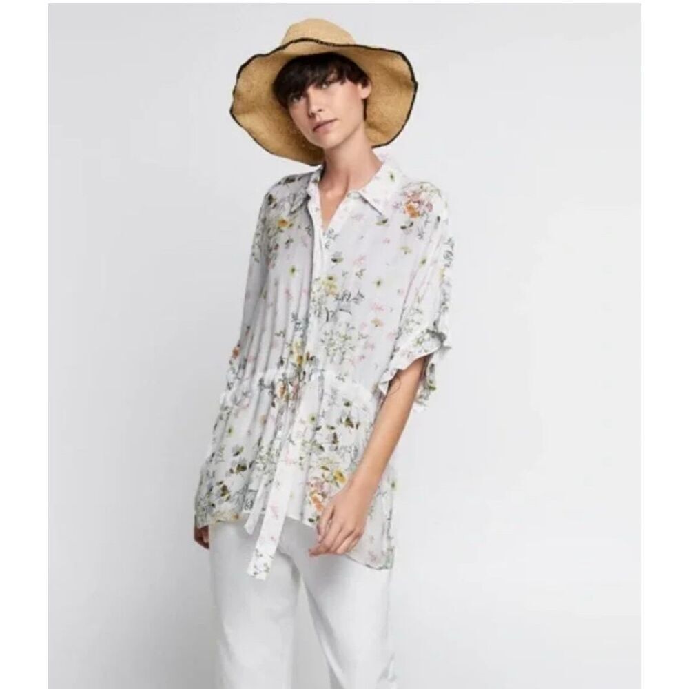 ZARA Floral print spring shirt/top tie front hidden buttons Sz M